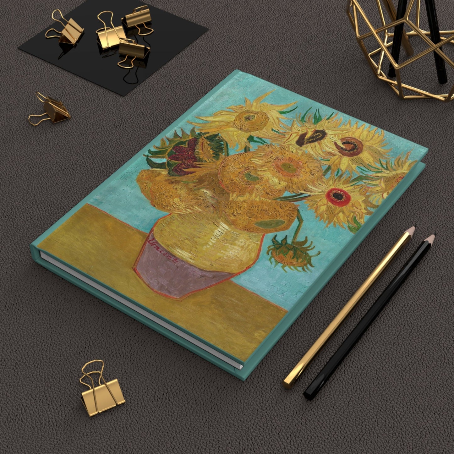 Van Gogh Sunflowers journal with fresh sunflowers vase art history books Yellow House Arles post-impressionist masterpiece - LeBonJournal