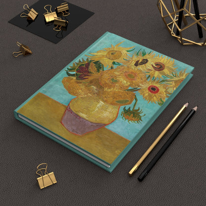 Van Gogh Sunflowers journal with fresh sunflowers vase art history books Yellow House Arles post-impressionist masterpiece - LeBonJournal