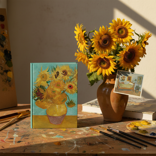 Van Gogh Sunflowers journal with fresh sunflowers vase art history books Yellow House Arles post-impressionist masterpiece - LeBonJournal