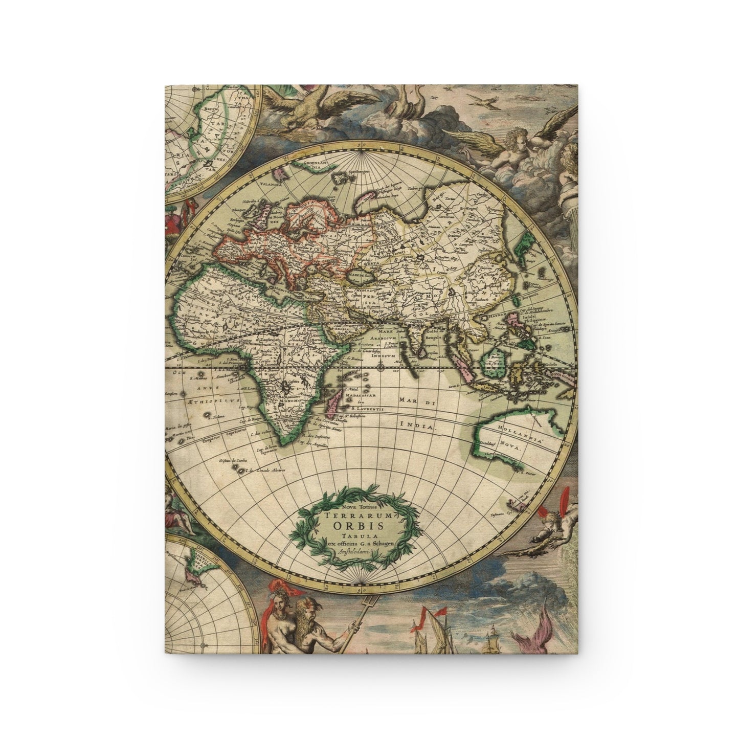Front cover close-up Gerard van Schagen 1689 double-hemisphere world map California as island Romeyn de Hooghe allegorical decorations Roman gods battle scenes Dutch Golden Age cartography Amsterdam - LeBonJournal