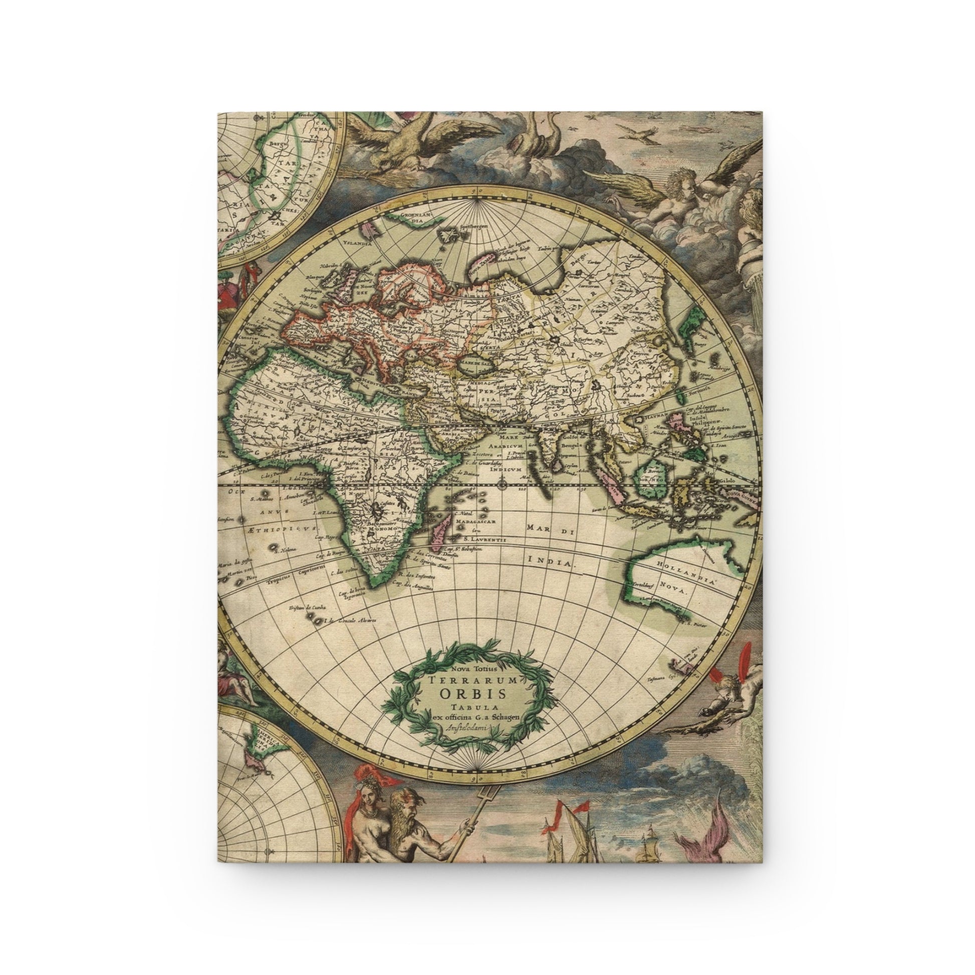 Front cover close-up Gerard van Schagen 1689 double-hemisphere world map California as island Romeyn de Hooghe allegorical decorations Roman gods battle scenes Dutch Golden Age cartography Amsterdam - LeBonJournal