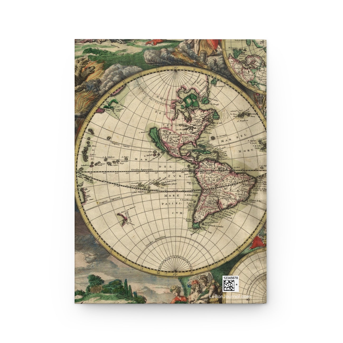 Back cover Gerard van Schagen 1689 world map continuation double-hemisphere cartography with ships mermaids sea creatures pastoral scenes Romeyn de Hooghe Baroque allegorical illustrations - LeBonJournal