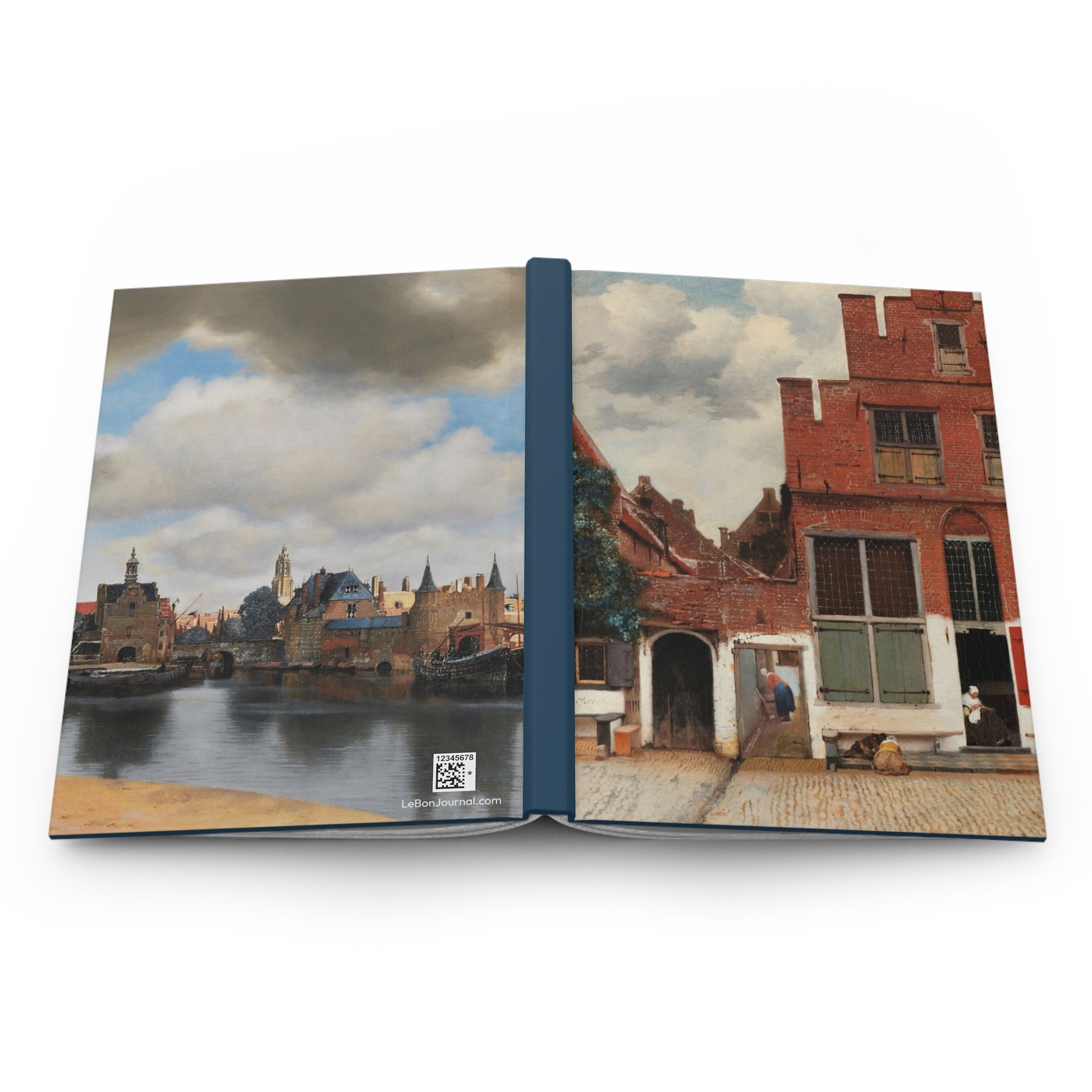 Vermeer Delft views journal open showing casewrap binding with Dutch Golden Age paintings - LeBonJournal