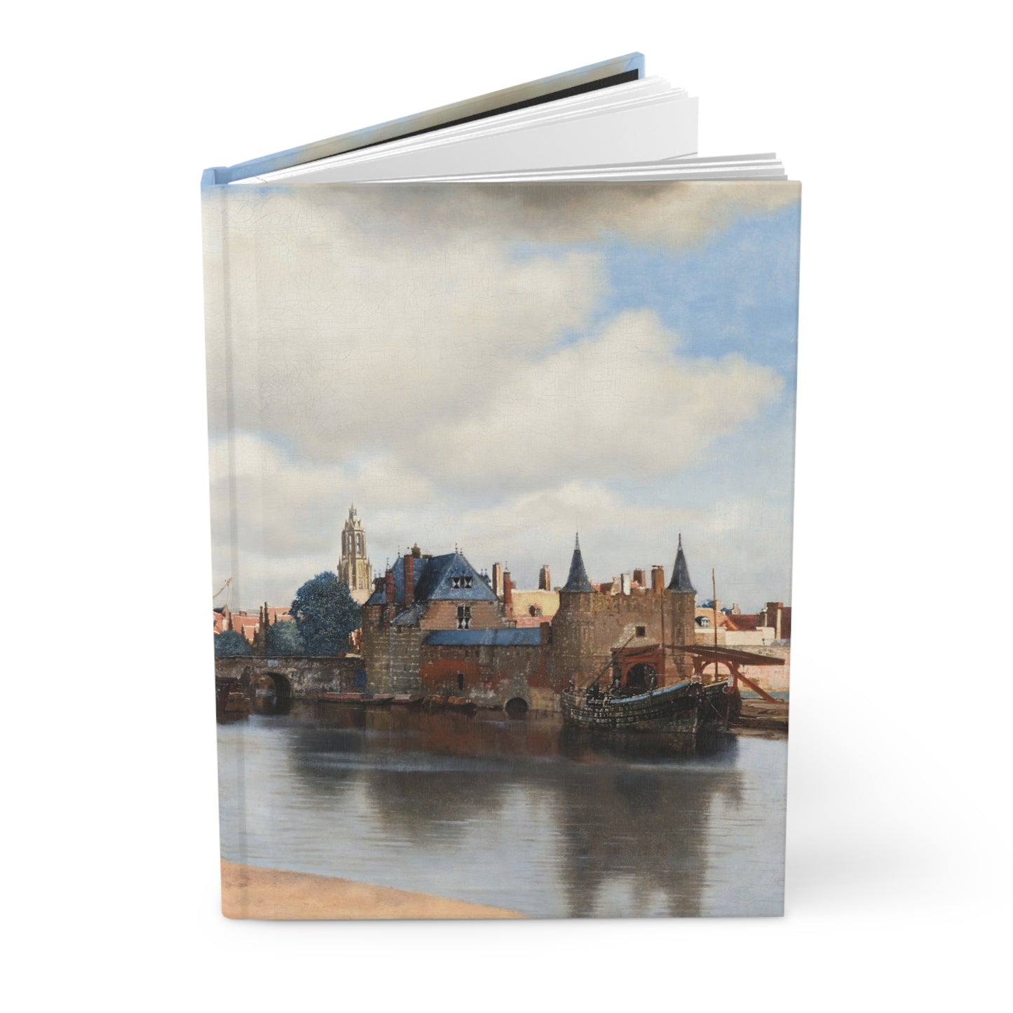 Hardcover journal standing upright showing Johannes Vermeer View of Delft 1660 Dutch Golden Age cityscape oil painting on front cover - LeBonJournal