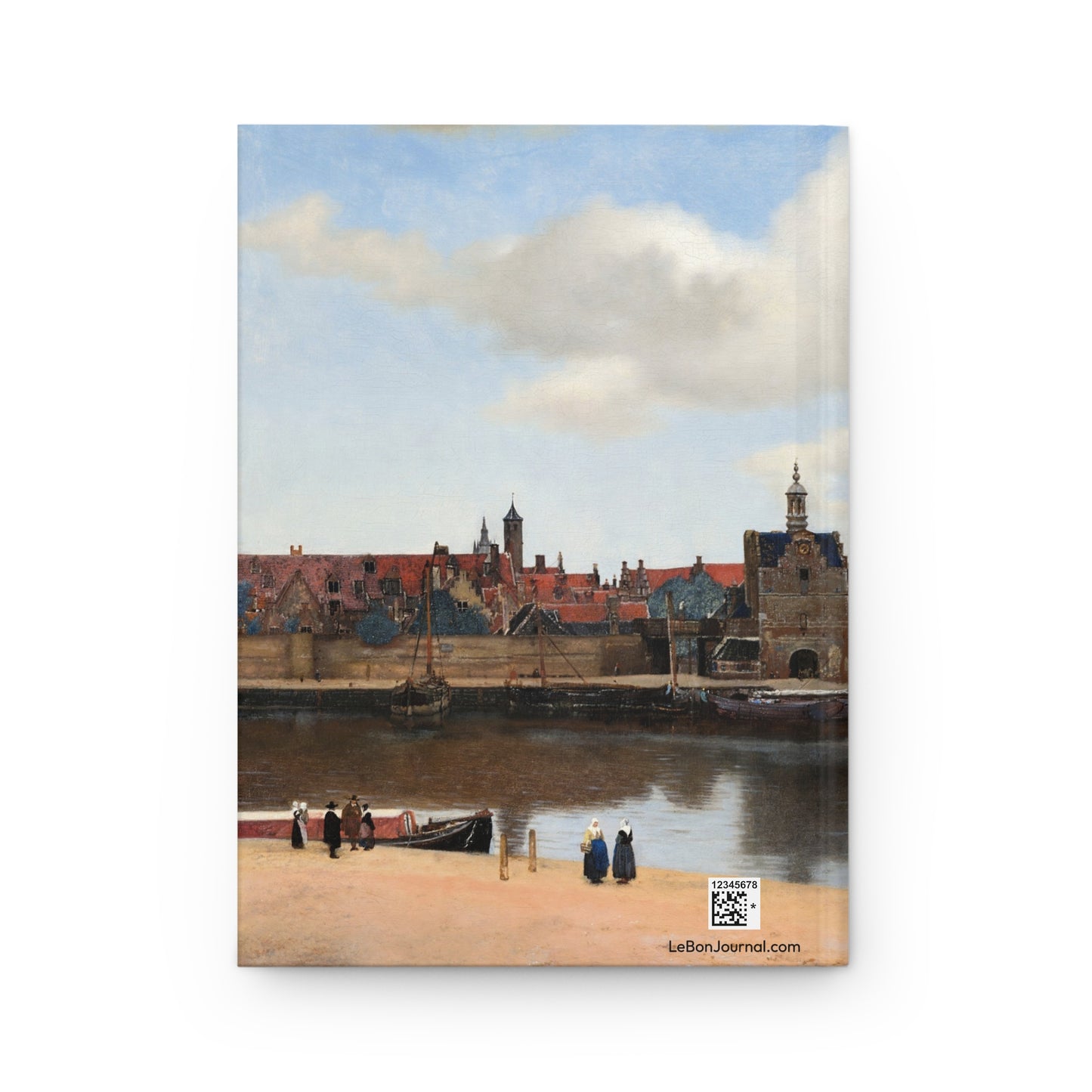 Back cover of hardcover journal featuring Johannes Vermeer View of Delft 1660 Dutch Golden Age cityscape with cloudy sky and water reflections - LeBonJournal