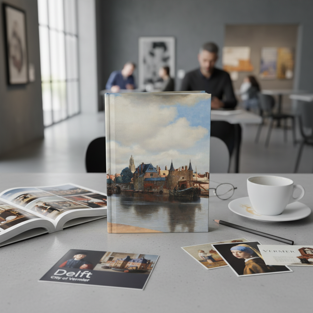 Lifestyle photo of Vermeer View of Delft journal standing upright on museum café table with Mauritshuis catalog reading glasses coffee cup and Delft brochure - LeBonJournal