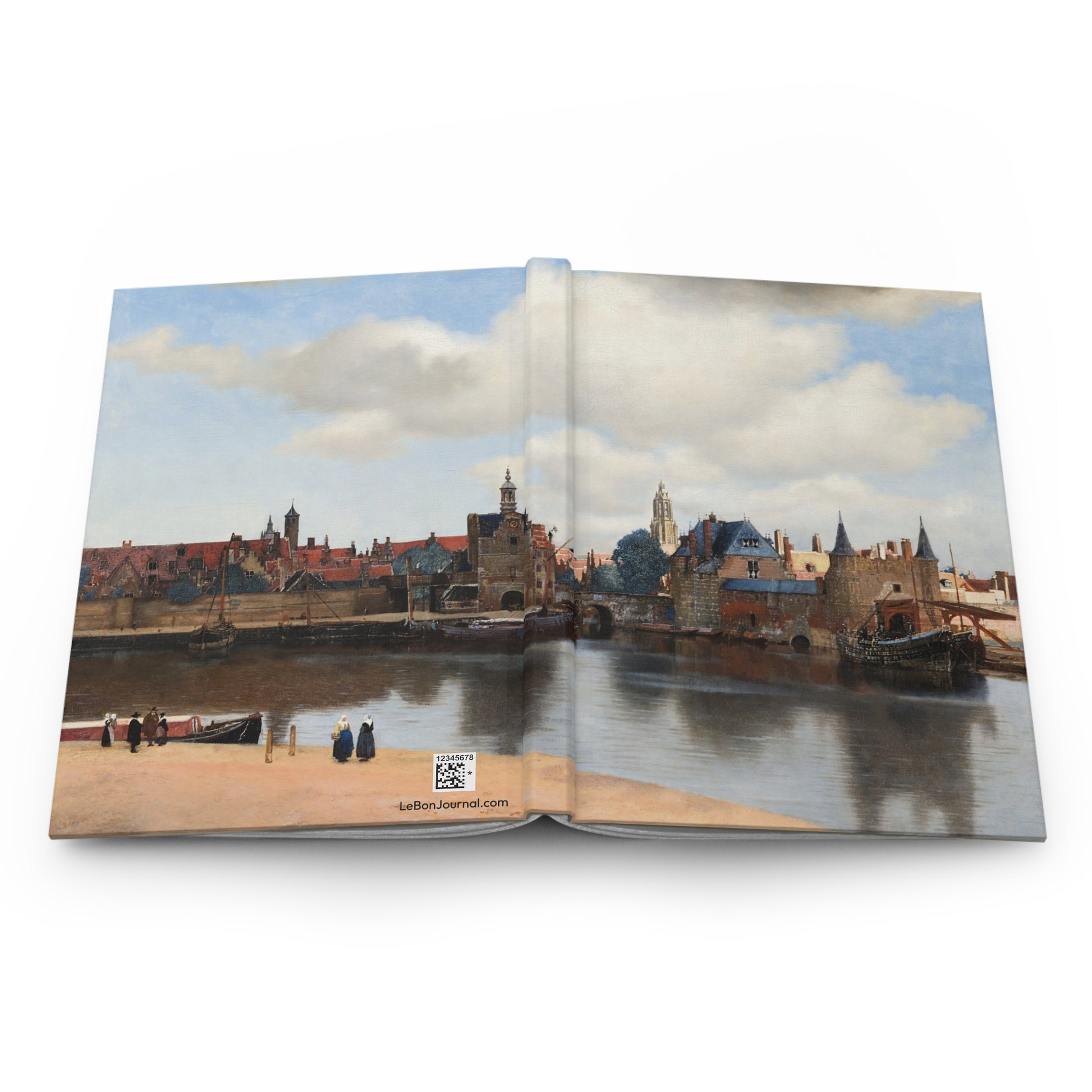 Hardcover journal opened flat showing spine binding and both covers with Vermeer View of Delft 1660 oil painting from Mauritshuis museum - LeBonJournal