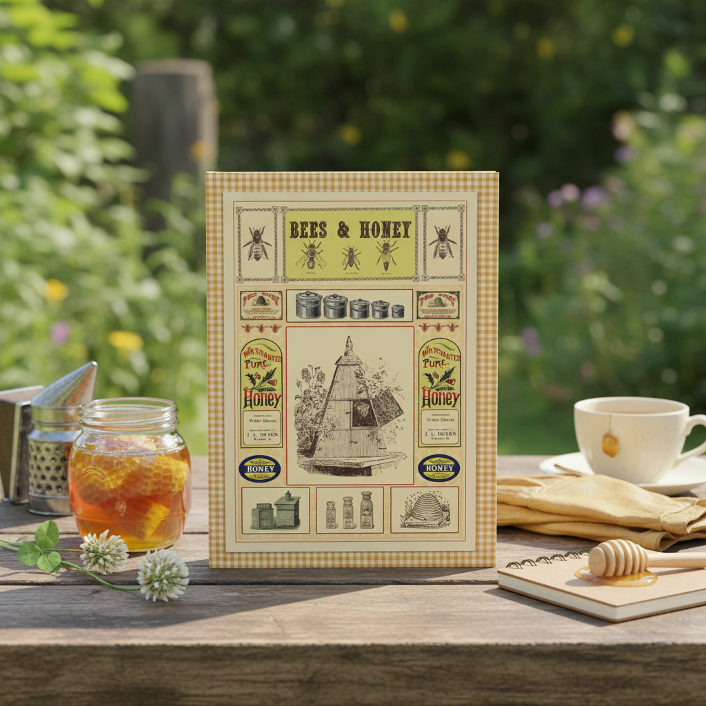 Lifestyle photo of Victorian beekeeping journal standing upright on rustic garden table with artisanal honey jar white clover flowers bee smoker leather gloves and tea - LeBonJournal