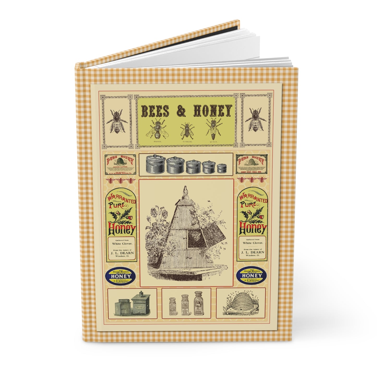 Hardcover journal standing upright showing Victorian beekeeping ephemera Bees and Honey Collection 19th century apiculture illustration on front cover - LeBonJournal