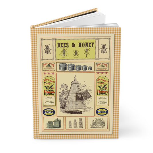 Hardcover journal standing upright showing Victorian beekeeping ephemera Bees and Honey Collection 19th century apiculture illustration on front cover - LeBonJournal