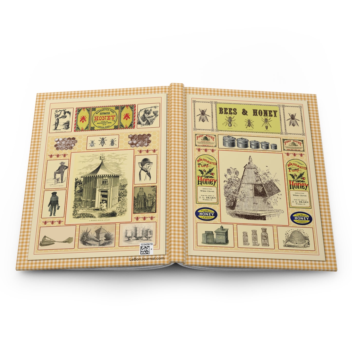 Hardcover journal opened flat showing spine binding and both covers with Victorian beekeeping ephemera Bees and Honey and Modern Apiary collections - LeBonJournal