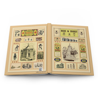 Hardcover journal opened flat showing spine binding and both covers with Victorian beekeeping ephemera Bees and Honey and Modern Apiary collections - LeBonJournal