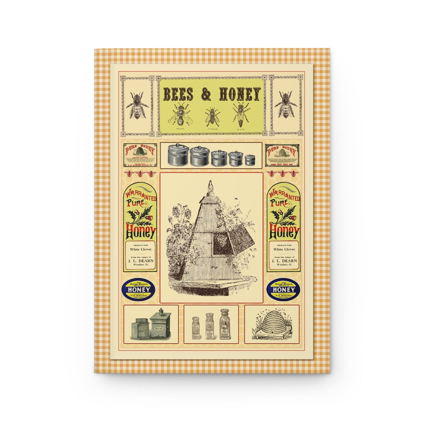 Front cover of hardcover journal featuring Victorian Bees and Honey Collection with drone worker queen illustrations pyramid hive white clover J.L. Dearn pure honey labels - LeBonJournal