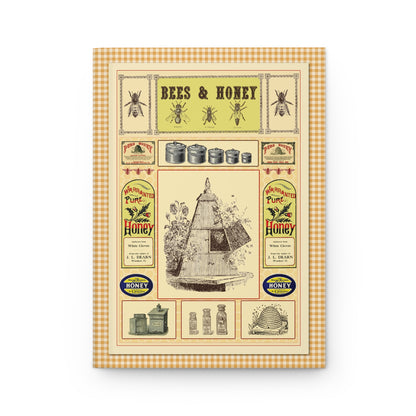 Front cover of hardcover journal featuring Victorian Bees and Honey Collection with drone worker queen illustrations pyramid hive white clover J.L. Dearn pure honey labels - LeBonJournal