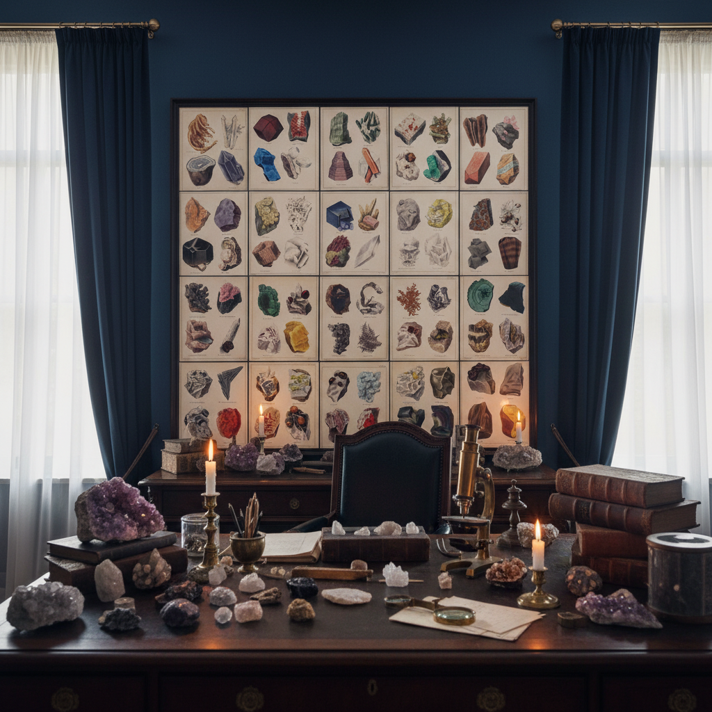 Victorian geologist's study with dark navy walls, salon-style gallery wall of framed Henry Sowerby 1850 mineralogy prints, antique desk with crystals, brass microscope and magnifying glasses