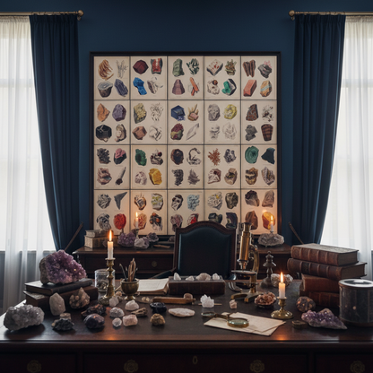 Victorian geologist's study with dark navy walls, salon-style gallery wall of framed Henry Sowerby 1850 mineralogy prints, antique desk with crystals, brass microscope and magnifying glasses