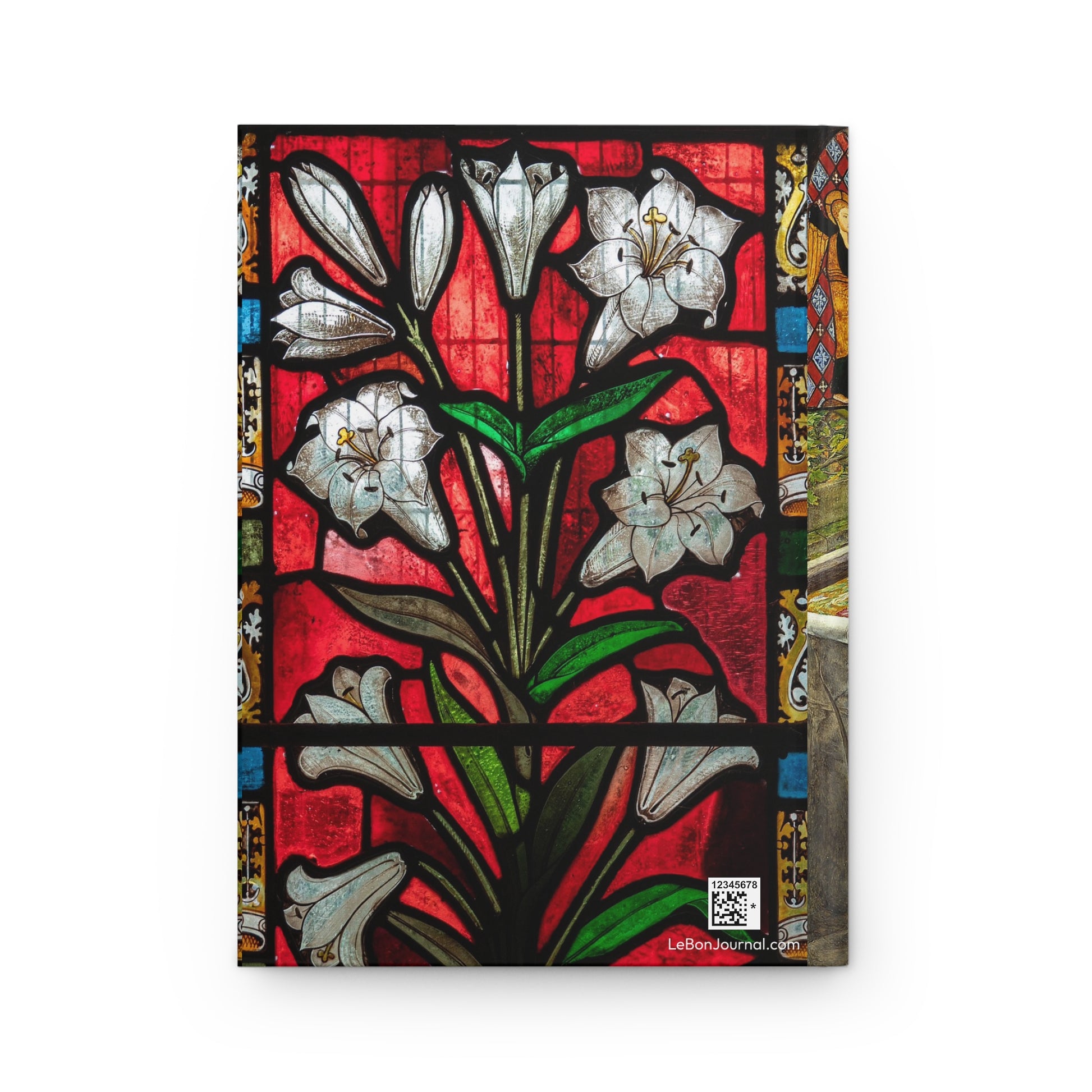 Back cover of hardcover journal featuring Victorian white lily stained glass window 1880 Boreham Brown Leicester Secular Hall Madonna lily - LeBonJournal