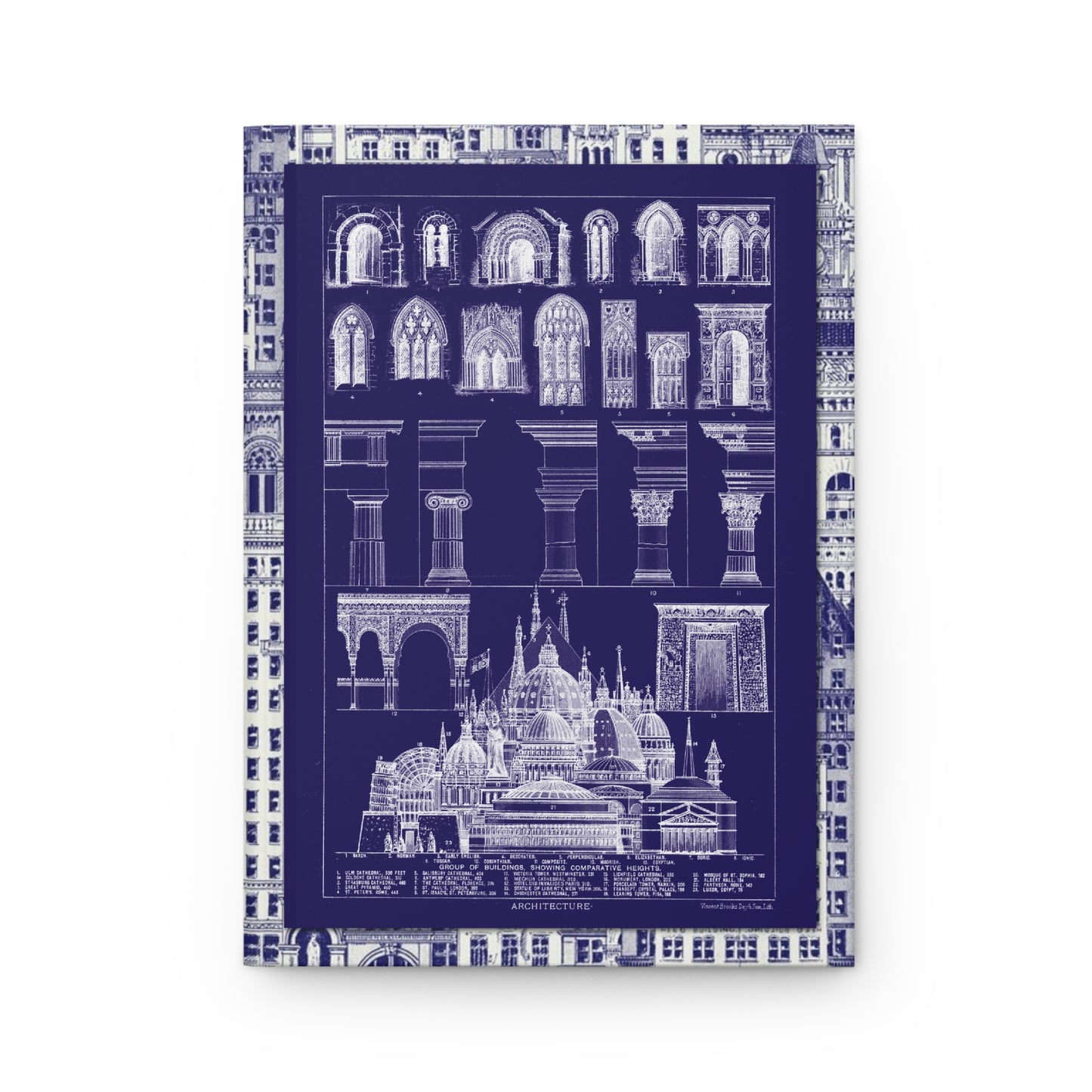 Front cover of hardcover journal featuring blueprint-style Vincent Brooks Day & Son 1885 Architecture comparative study with building heights columns and capitals - LeBonJournal