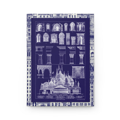 Front cover of hardcover journal featuring blueprint-style Vincent Brooks Day & Son 1885 Architecture comparative study with building heights columns and capitals - LeBonJournal