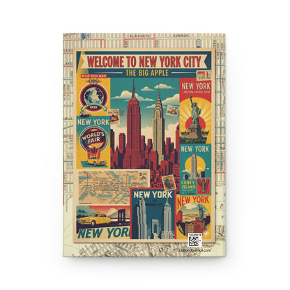 Back cover vintage-style New York travel collage mid-century luggage stickers postage stamps travel ephemera Art Deco design - LeBonJournal