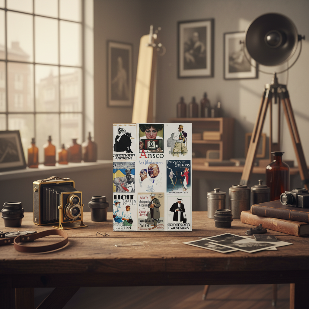 Vintage photography advertising journal in 1920s photography studio with bellows camera vintage equipment and darkroom supplies - LeBonJournal
