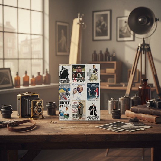 Vintage photography advertising journal in 1920s photography studio with bellows camera vintage equipment and darkroom supplies - LeBonJournal
