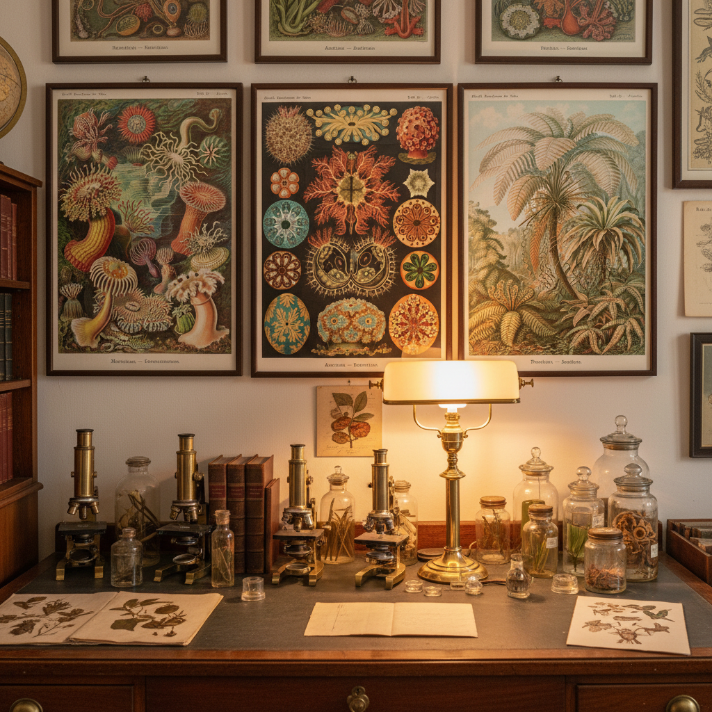 Vintage 1900s scientific laboratory featuring Ernst Haeckel's Kunstformen der Natur illustrations and research instruments - LeBonJournal