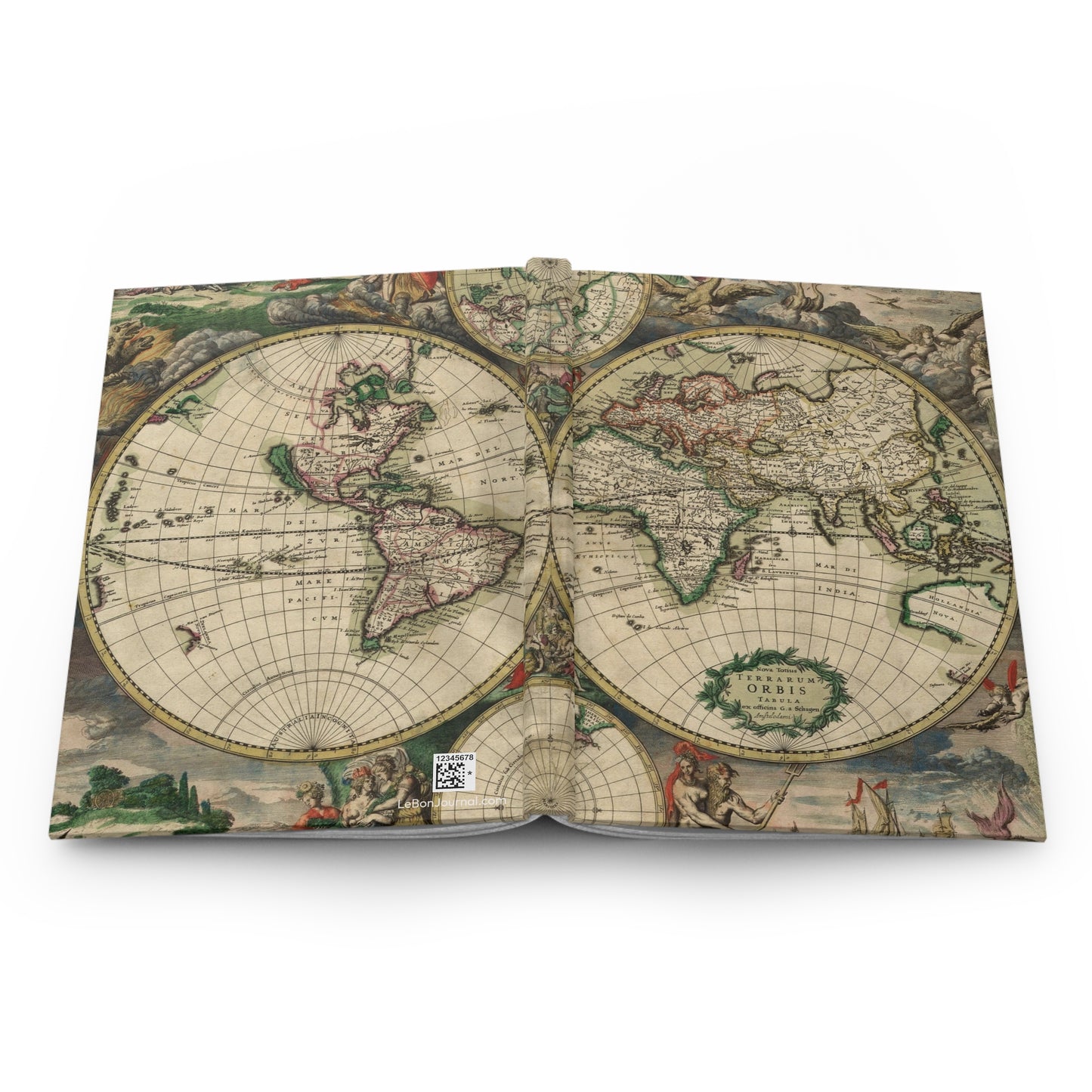 World map journal open flat showing casewrap binding spine with Gerard van Schagen 1689 Nova Totius Terrarum Orbis Tabula wraparound double-hemisphere map front and back covers - LeBonJournal