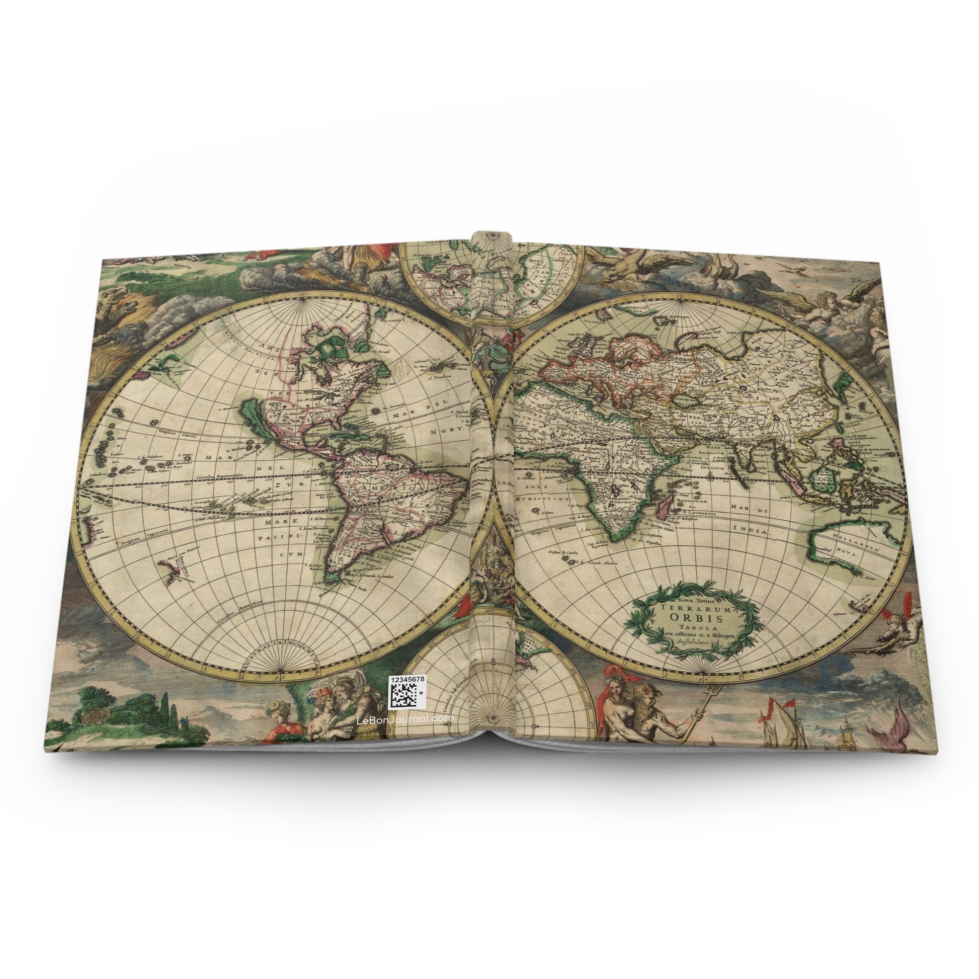 World map journal open flat showing casewrap binding spine with Gerard van Schagen 1689 Nova Totius Terrarum Orbis Tabula wraparound double-hemisphere map front and back covers - LeBonJournal