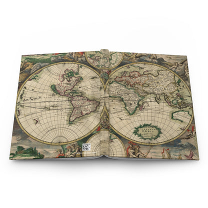World map journal open flat showing casewrap binding spine with Gerard van Schagen 1689 Nova Totius Terrarum Orbis Tabula wraparound double-hemisphere map front and back covers - LeBonJournal