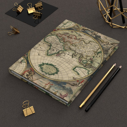 World map journal on explorer desk with vintage compass brass telescope antique navigation tools leather travel journals and Dutch Golden Age cartography instruments - LeBonJournal