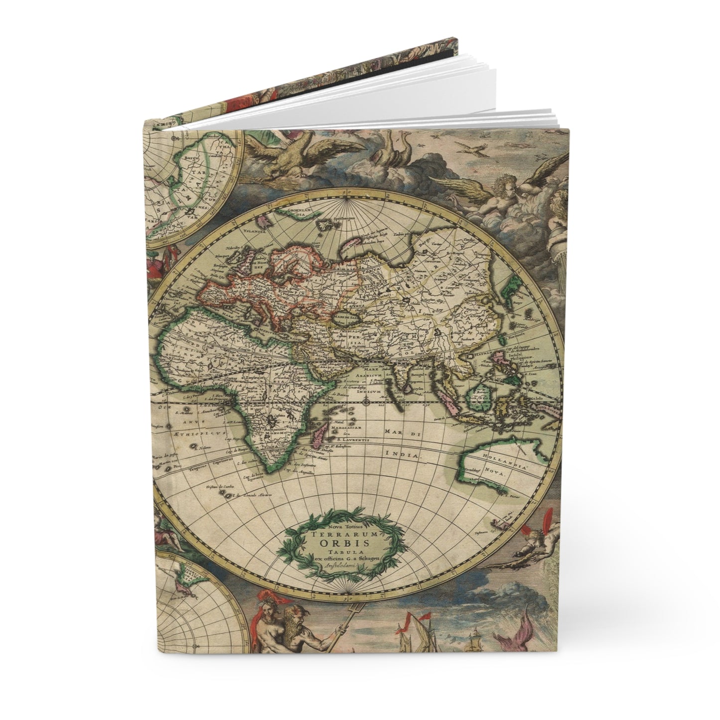 World map hardcover journal featuring Gerard van Schagen 1689 Nova Totius Terrarum Orbis - LeBonJournal