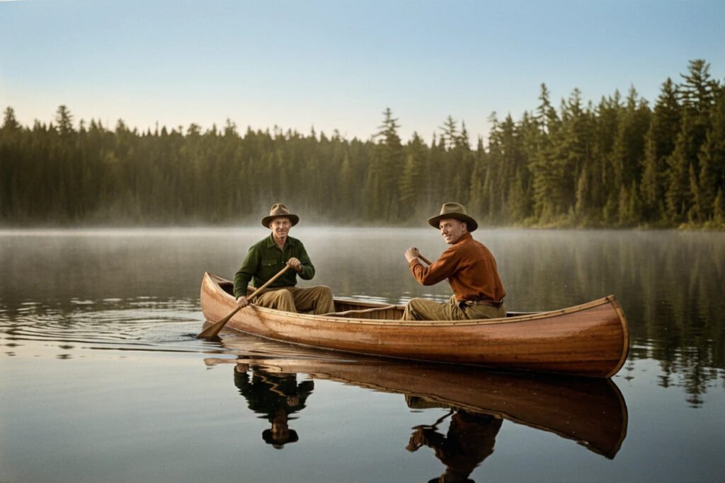 Colorized vintage photograph of two men in 1920s outdoor attire with brimmed hats paddling a wooden canoe on a calm misty wilderness lake surrounded by evergreen pine trees