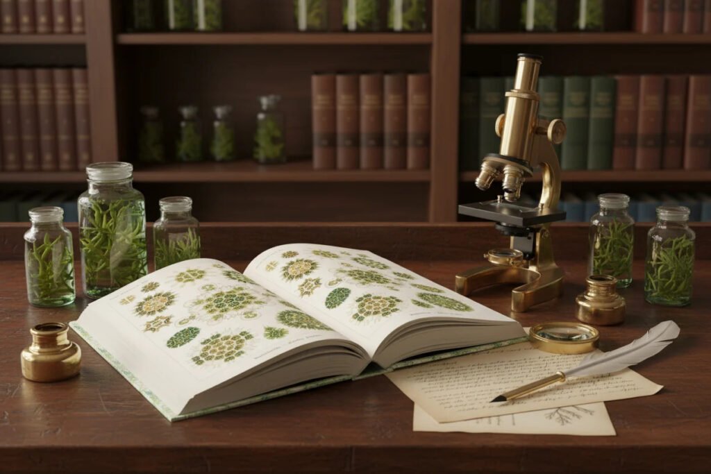 A 19th-century Victorian naturalist laboratory desk featuring an open book with Ernst Haeckel Kunstformen der Natur botanical algae illustrations, a brass microscope, specimen jars, inkwells, and handwritten notes.
