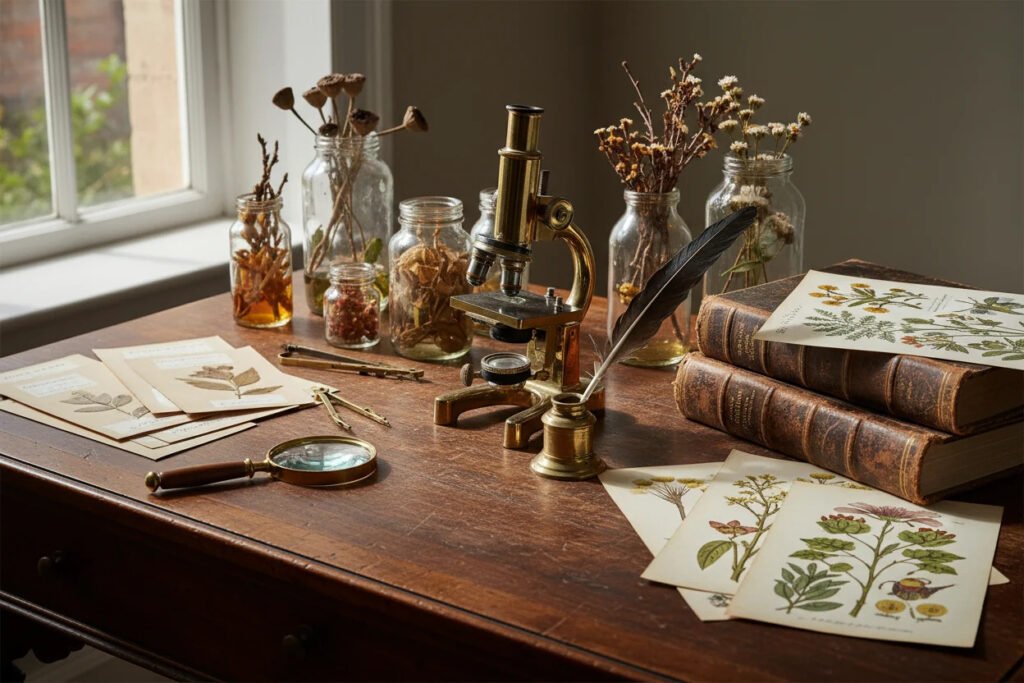 A 18th-century antique wooden botanical desk by a window with a brass microscope, dried flower jars, feather quill pen, magnifying glass, pressed plant specimens, and Giambattista Morandi 1744 botanical illustrations.