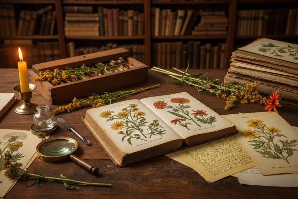 The Botanist's Hand: Christian Schkuhr and the Making of a Scientific Book in 1808 An early 19th-century botanist's wooden study desk illuminated by candlelight, featuring open illustrated botanical books, hand-written manuscripts, a magnifying glass, pressed yellow flowers, and dried plant specimens in wooden trays.