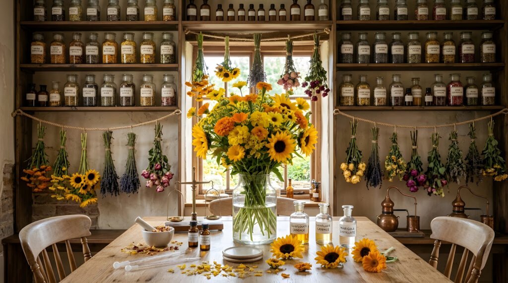 The Fused Anthers: Linnaeus, Geisler, and the Botanical Order of Syngenesia botanical journal with linnaeus syngenesia flowers on apothecary table