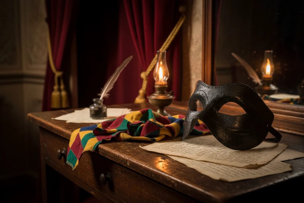 Traditional Commedia dell’Arte mask displayed on a theatrical dressing table with a colorful costume, handwritten scripts, quill pen, and oil lamp.