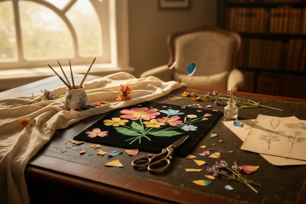 A Victorian-era artist desk bathed in warm sunlight, featuring a colorful cut-paper floral artwork mounted on black paper next to crafting scissors, paper scraps, botanical sketches, paintbrushes, and dried flowers.