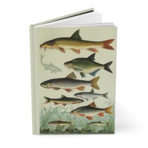 Front view of the standing slightly open Freshwater Fish hardcover lined journal featuring a 1905-1913 vintage natural history lithograph of European Cyprinids and Salmonids.