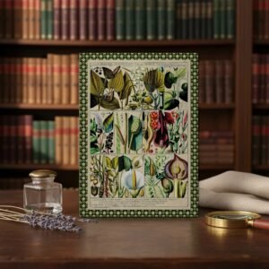 Diandria Botanical Journal standing upright on a dark wooden desk beside dried lavender, an glass inkwell, and a magnifying glass with a bookshelf background.