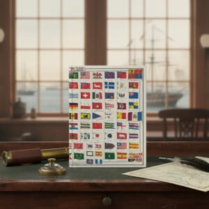 Standing closed National Flags hardcover journal on a wooden desk with a vintage brass spyglass telescope, paper map, and feather dip pen in front of a harbor view window.