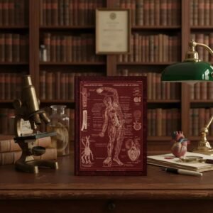 Standing closed deep red Anatomy hardcover journal on a dark wooden study desk beside a vintage brass microscope, green banker lamp, heart anatomical model, and bookshelves.