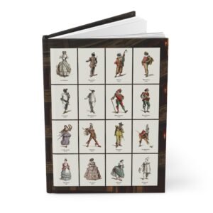 Front view of the standing slightly open Commedia dell'Arte hardcover journal featuring a grid of 19th-century theatrical character costume sketches by Maurice Sand.