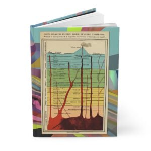 Front view of the standing slightly open Geology hardcover journal featuring a 1850 French geological chart by Vuillemin showing Earth crust strata and active volcano cross-sections.