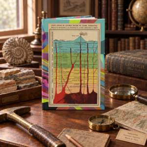 Geology hardcover journal standing upright on a Victorian wooden desk surrounded by quartz crystals, an ammonite fossil, glass specimen bottles, geological charts, and field notes.