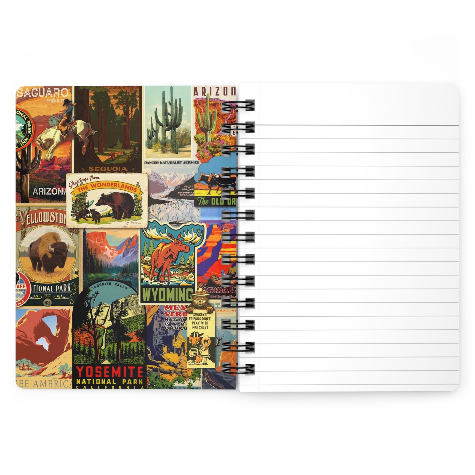 National Parks Spiral Notebook USA Travel Journal - Inside Front Cover View Open spiral notebook showing the inside front cover printed with a vintage US national parks collage on the left and lined white notebook pages on the right with black wire-o binding.