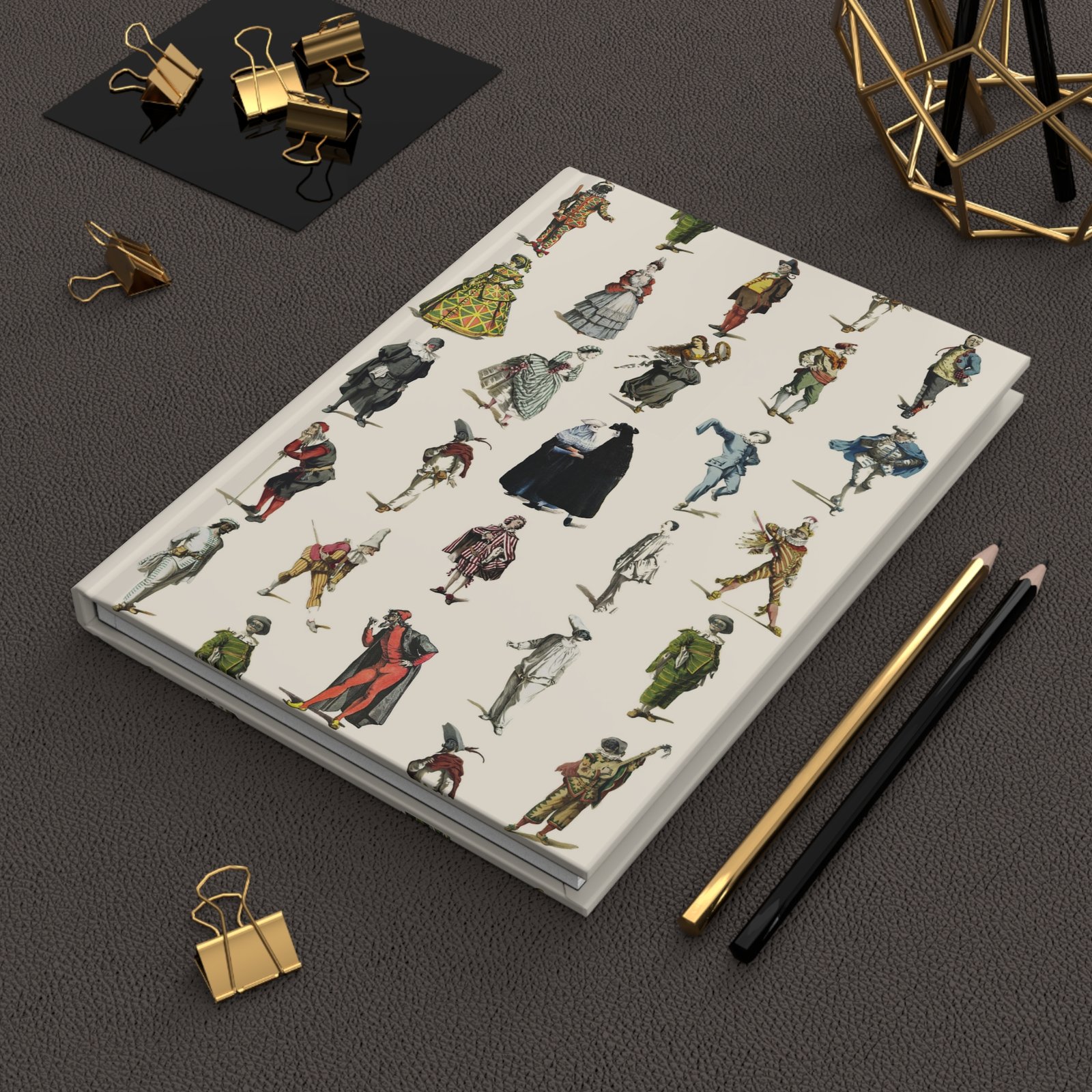 Commedia dell’Arte Journal — Modern Workspace Lifestyle Display Commedia dell’Arte journal styled on a creative wooden desk workspace with stationery and props