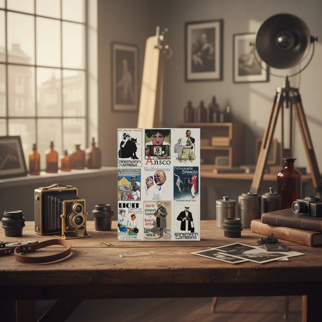 Lifestyle Display - Vintage Photography Journal Cozy interior setting with framed vintage photography posters and display stand