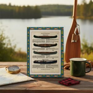 Vintage canoe catalog journal resting on a wooden dock by a serene wilderness lake.